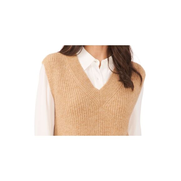 Vince Camuto Women's Shaker Knit Sweater Vest V-Neck High-Low Hem Camel Tan XL - Picture 3 of 10
